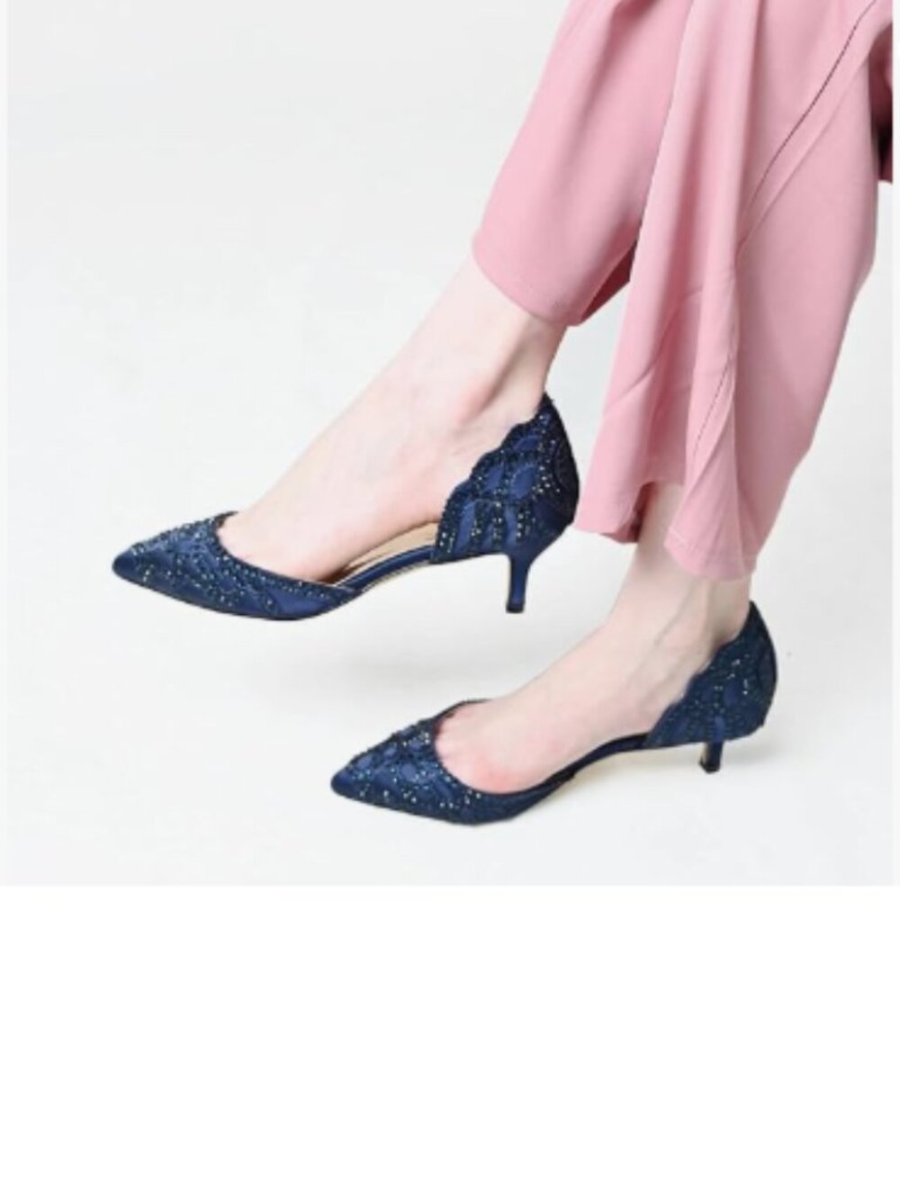 XYD Navy Pumps Elegant Pointy Toe D'Orsay Heels Rhinestone Kitten Low Heel Shoes